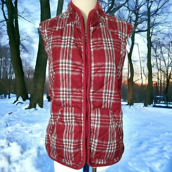 Buffalo Plaid Puffy Vest Quilted Red Pockets Cinched Medium Outdoors Academia - Picture 16 of 16
